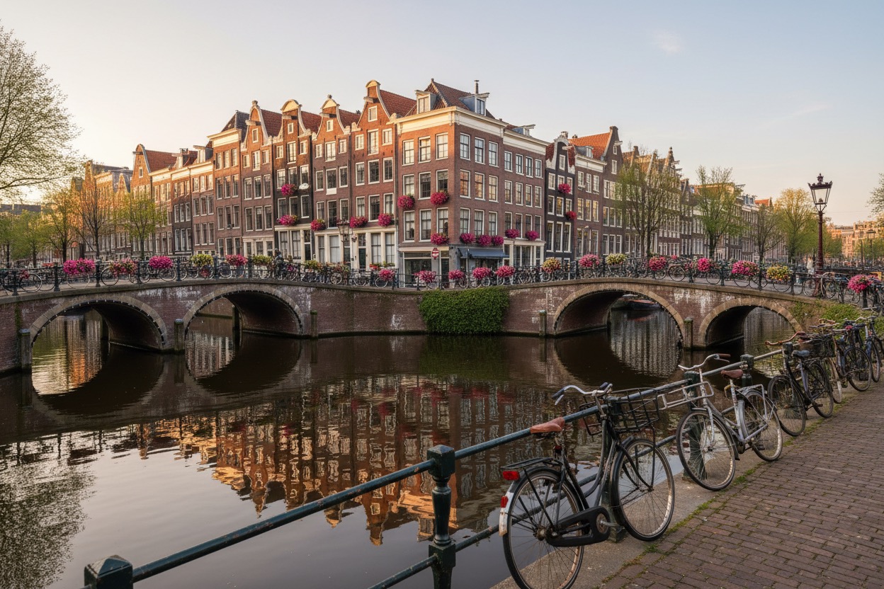 Een gracht in Amsterdam met twee stenen boogbruggen en historische grachtenpanden versierd met bloembakken, geflankeerd door geparkeerde fietsen.